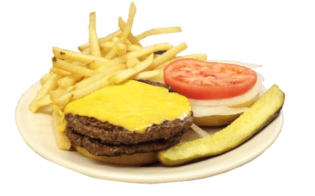 Plate with 2 hamburger patties, fries, and tomato, pickle, and onions